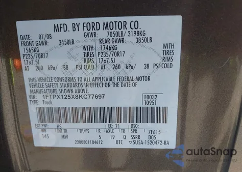 2008 Ford F-150 Fx2/Lariat/Xl/Xlt from USA, damaged, VIN 1FTPX125X8KC77697